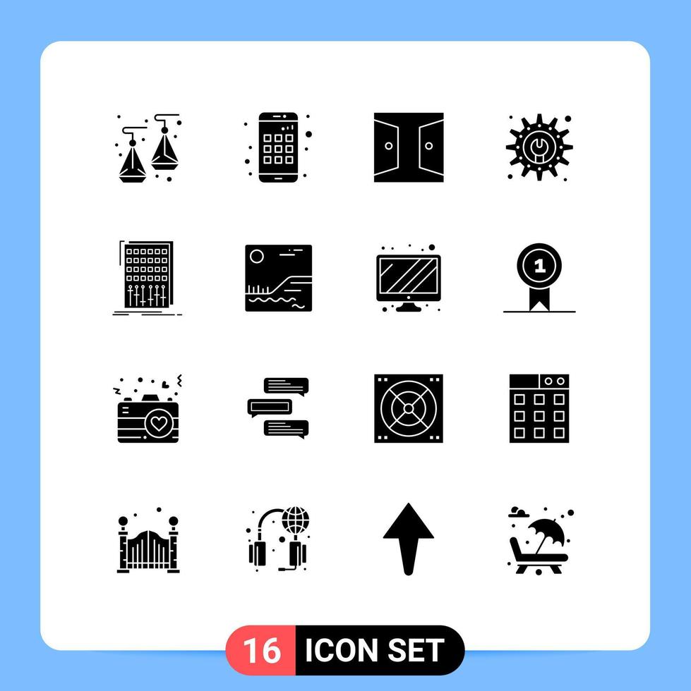 Mobile Interface Solid Glyph Set of 16 Pictograms of mixer control gate audio gear Editable Vector Design Elements