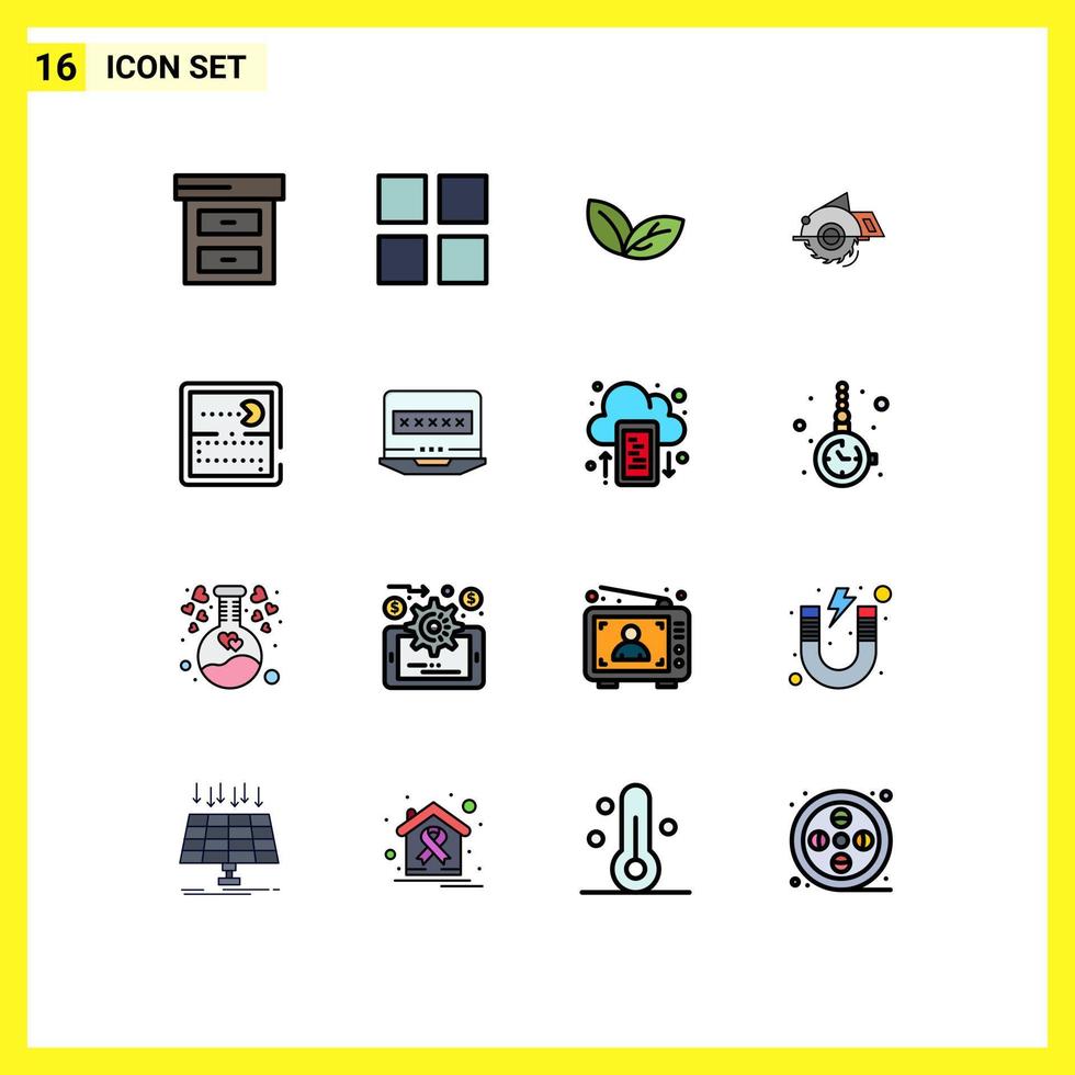 16 Universal Flat Color Filled Lines Set for Web and Mobile Applications pacman competition plant repair circular saw Editable Creative Vector Design Elements