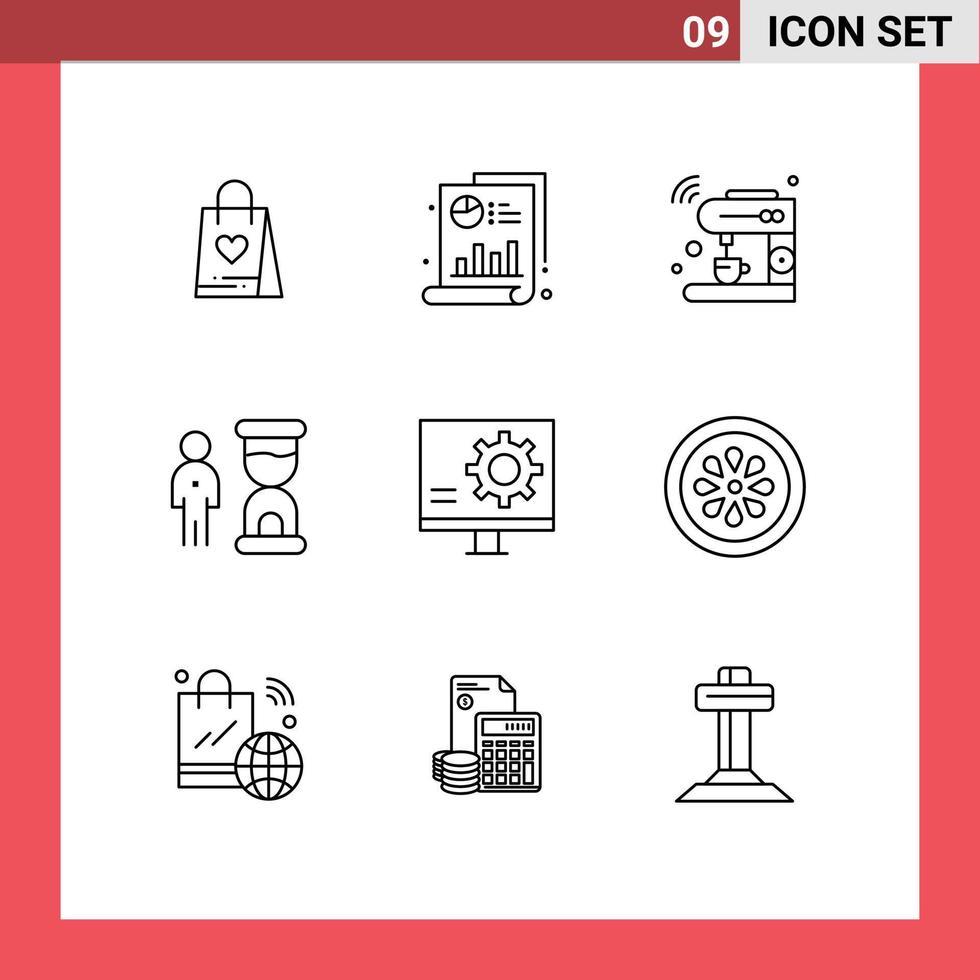 Set of 9 Vector Outlines on Grid for person management coffee deadline wifi Editable Vector Design Elements