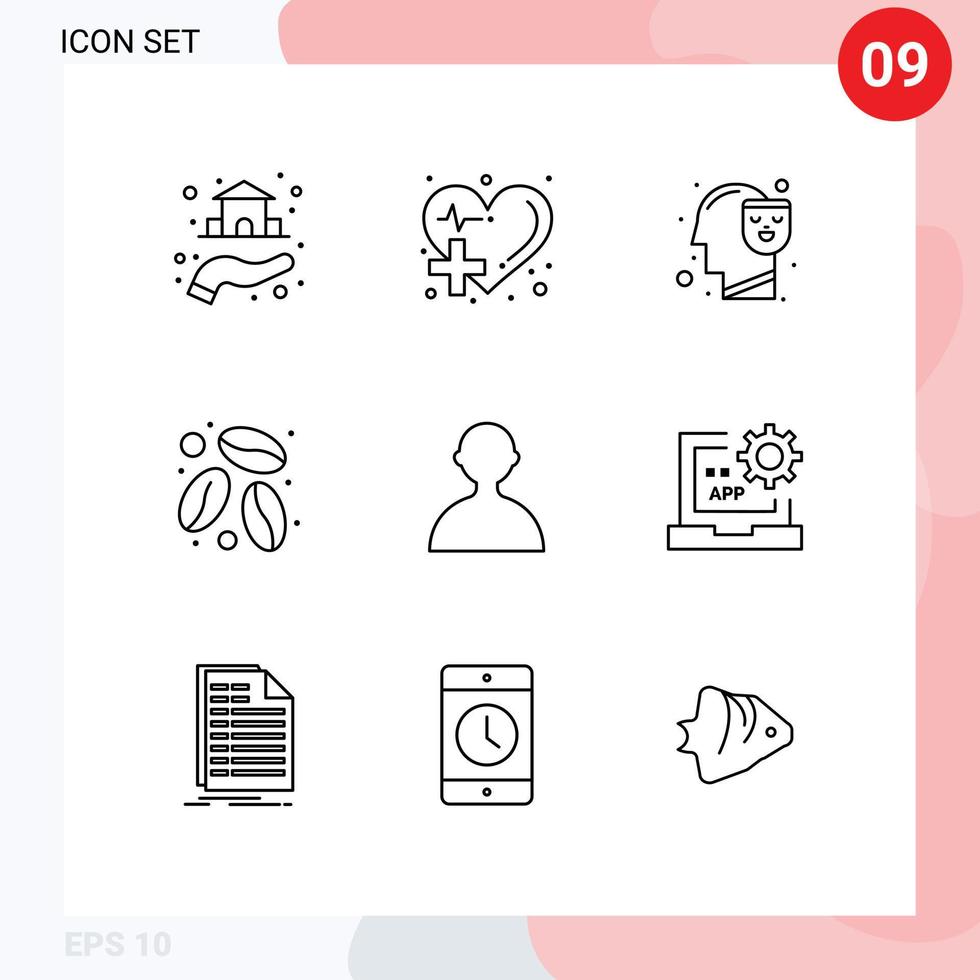 Mobile Interface Outline Set of 9 Pictograms of user coffee bean heart coffee face Editable Vector Design Elements