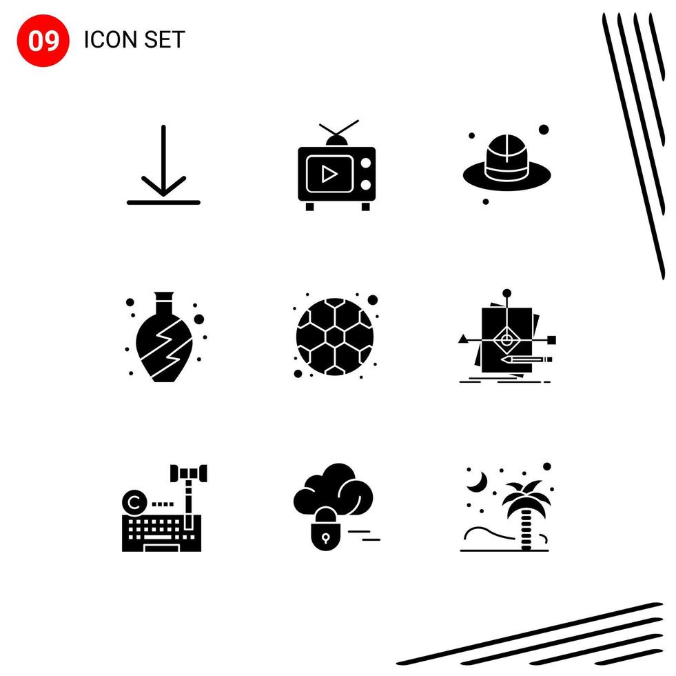 Universal Icon Symbols Group of 9 Modern Solid Glyphs of algorithm soccer day football vase Editable Vector Design Elements