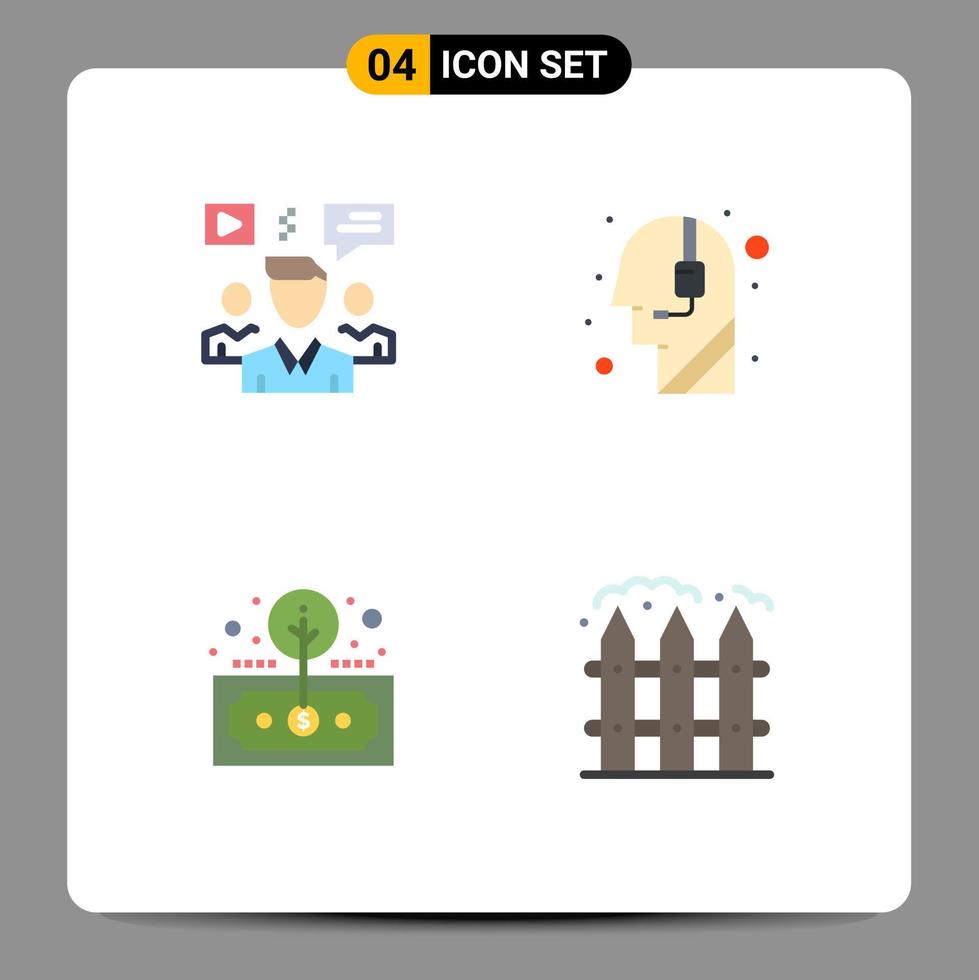 Pack of 4 Modern Flat Icons Signs and Symbols for Web Print Media such as user asset video call investment Editable Vector Design Elements