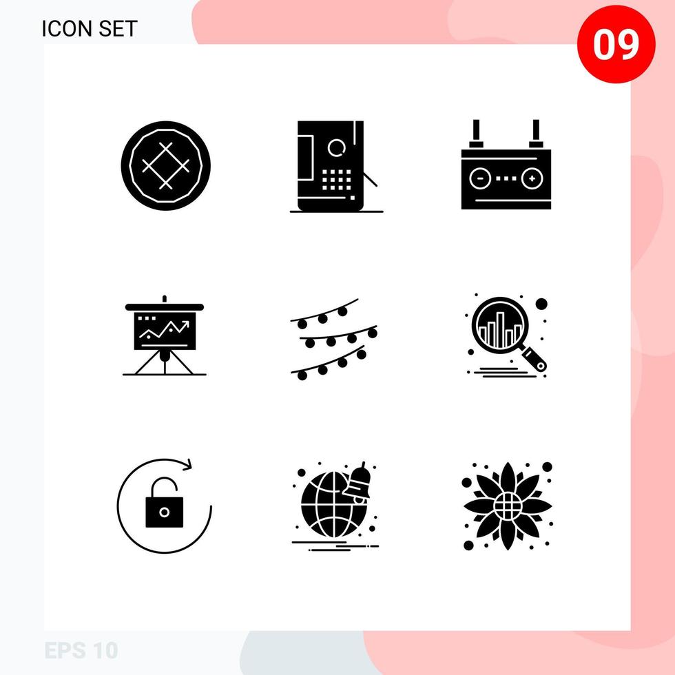 Universal Icon Symbols Group of 9 Modern Solid Glyphs of challenge chart development energy car Editable Vector Design Elements