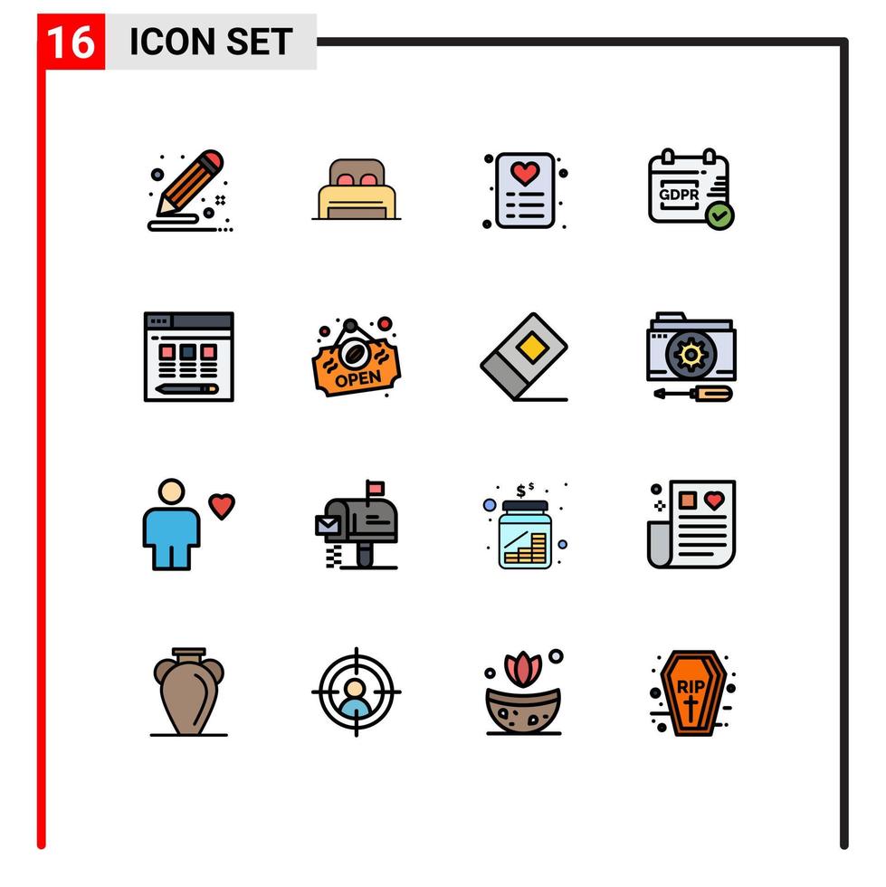Group of 16 Modern Flat Color Filled Lines Set for hosting web hotel calendar gdpr Editable Creative Vector Design Elements