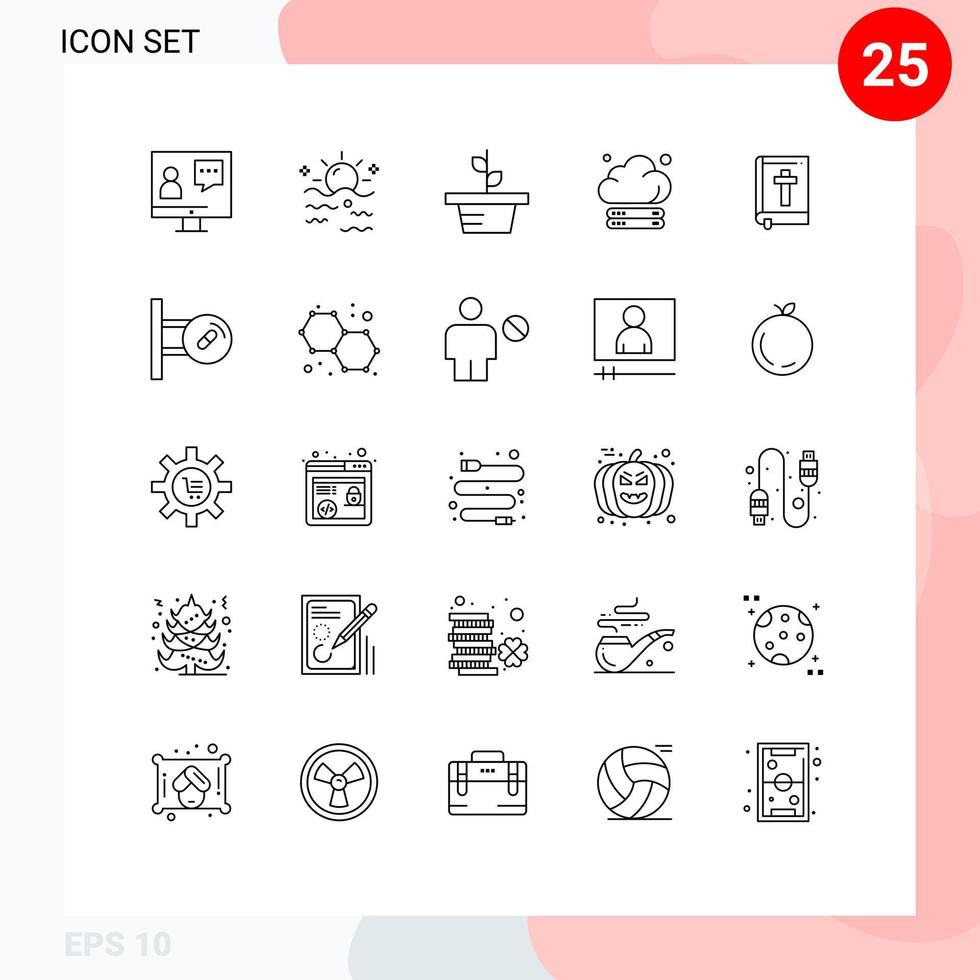 Group of 25 Modern Lines Set for technology server sun cloud nature Editable Vector Design Elements