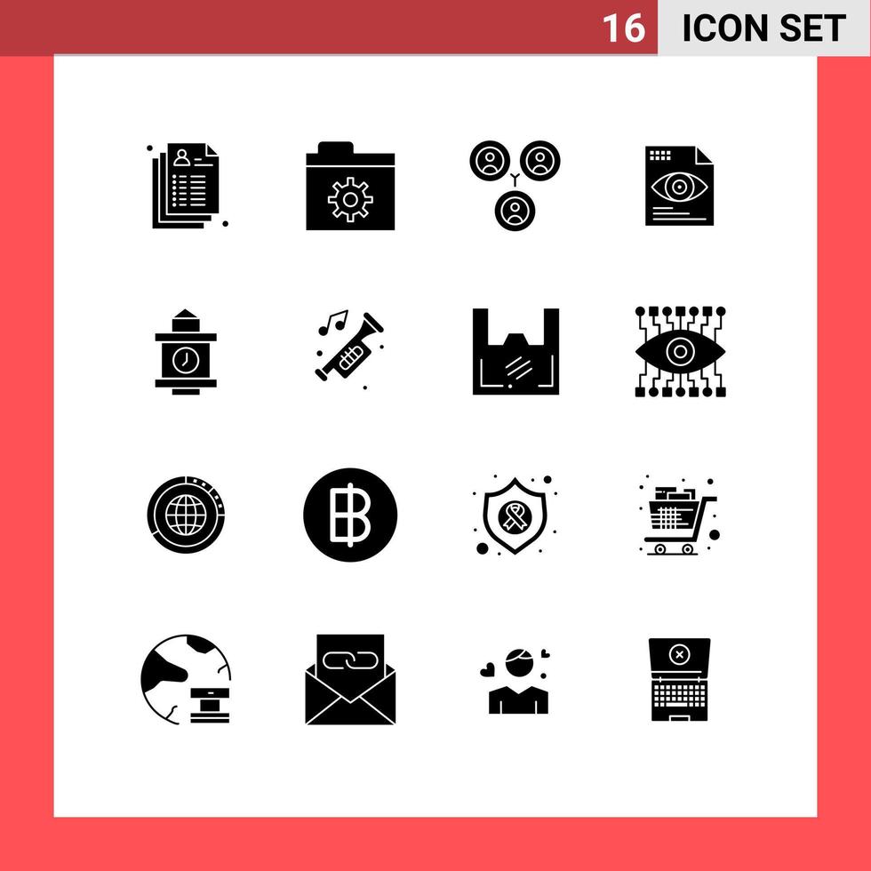 Set of 16 Vector Solid Glyphs on Grid for accessories time friends train eye Editable Vector Design Elements