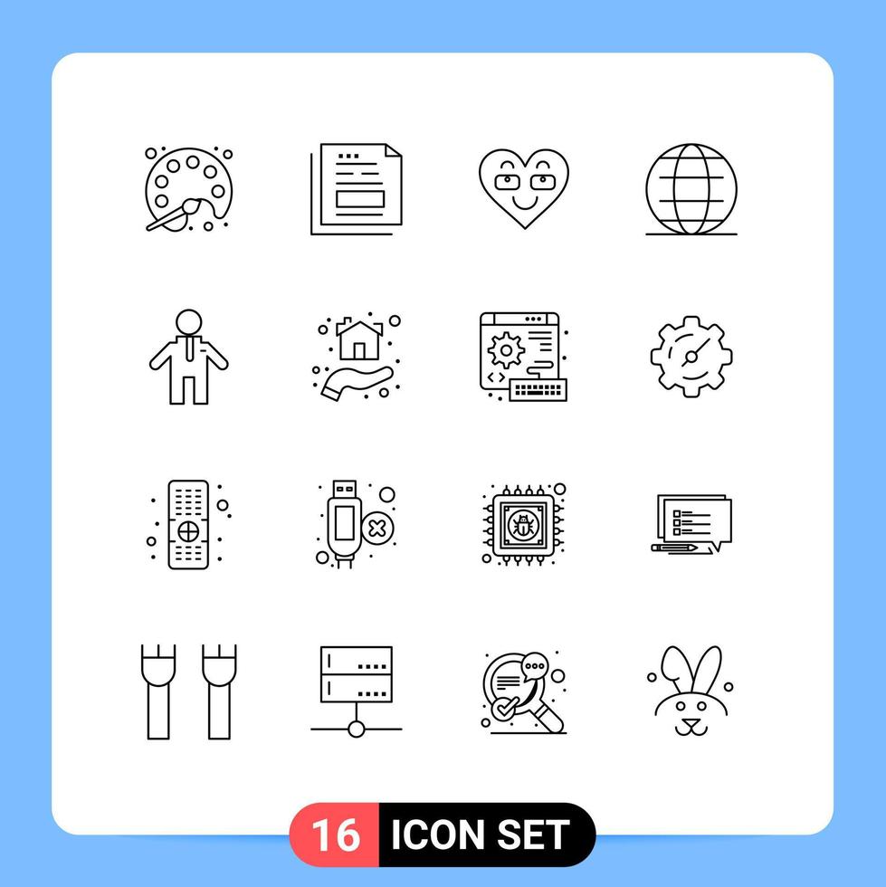 Group of 16 Outlines Signs and Symbols for world internet office globe favorite Editable Vector Design Elements