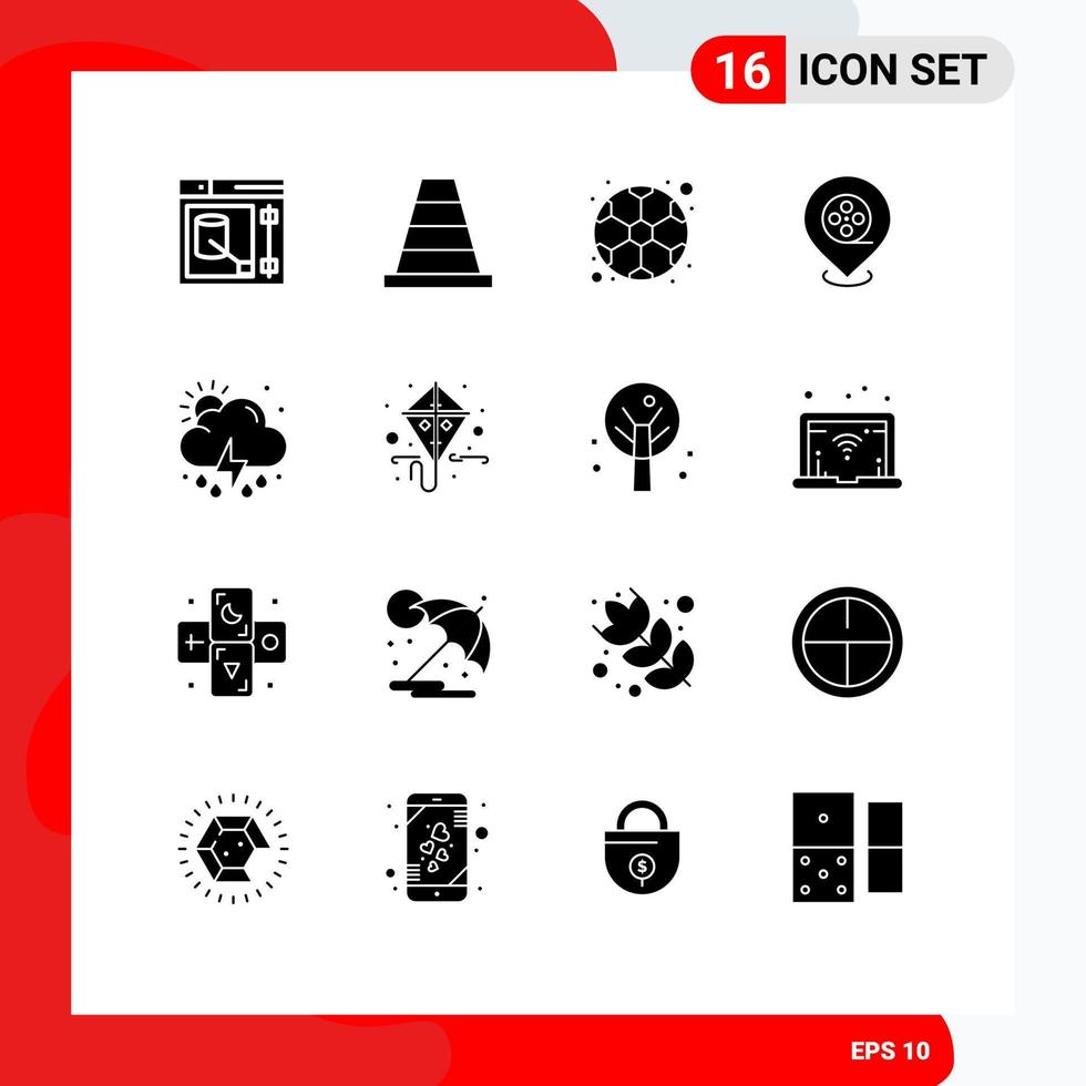 16 Universal Solid Glyphs Set for Web and Mobile Applications weather rain football cloud location Editable Vector Design Elements