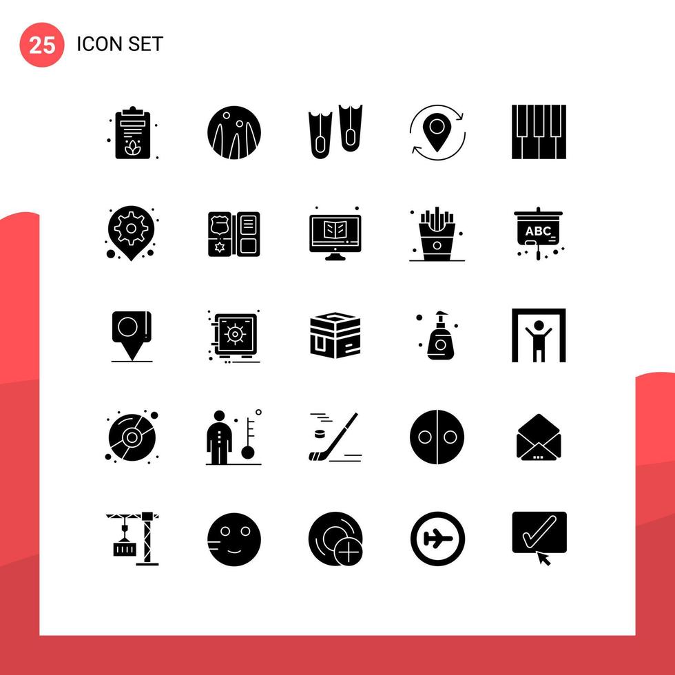 Editable Vector Line Pack of 25 Simple Solid Glyphs of gear music marine keyboard marker Editable Vector Design Elements