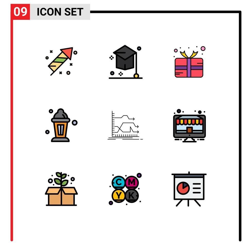 Group of 9 Filledline Flat Colors Signs and Symbols for arrows lamp university islam prize Editable Vector Design Elements