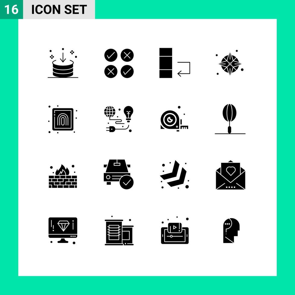 16 User Interface Solid Glyph Pack of modern Signs and Symbols of finger location tick navigation compass Editable Vector Design Elements
