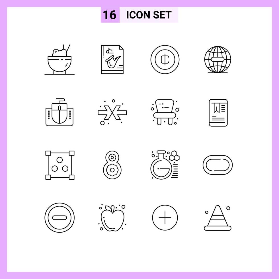 Editable Vector Line Pack of 16 Simple Outlines of interface internet cash globe earth Editable Vector Design Elements