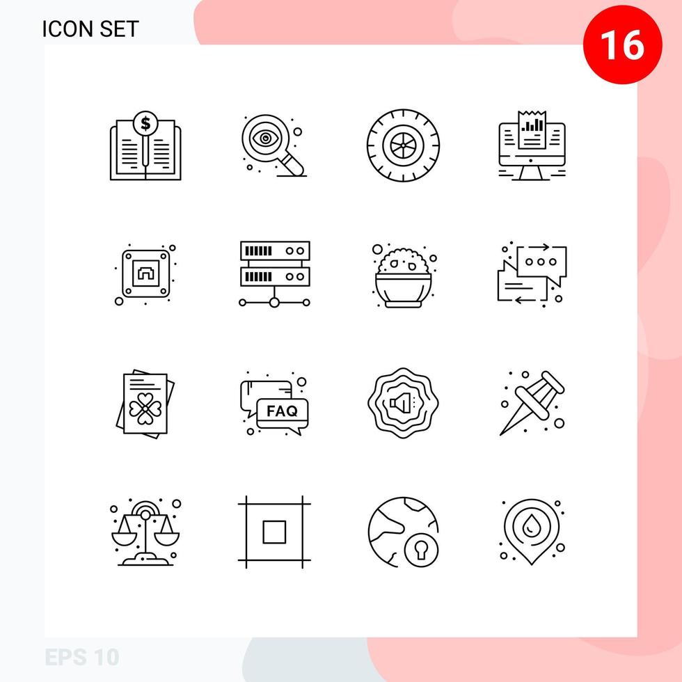 Editable Vector Line Pack of 16 Simple Outlines of plug electric tire data laptop Editable Vector Design Elements