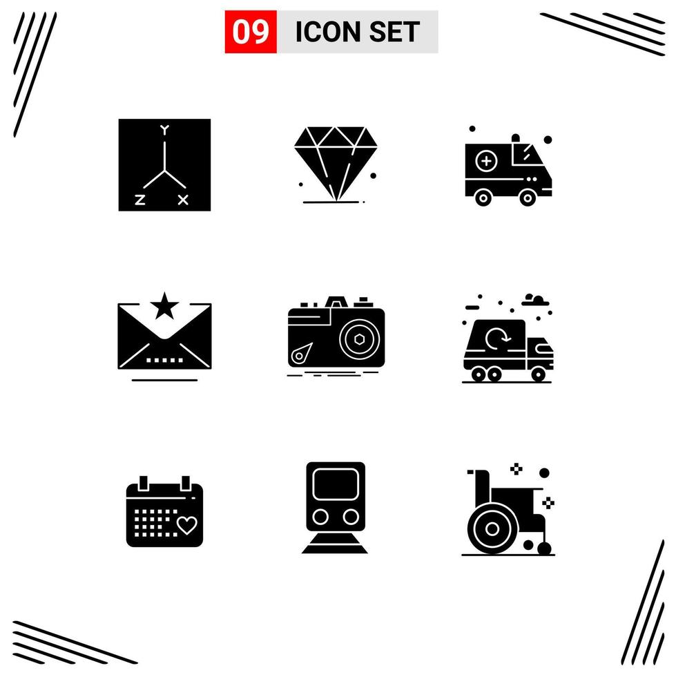 Pack of 9 Modern Solid Glyphs Signs and Symbols for Web Print Media such as aperture capture medical photography star Editable Vector Design Elements