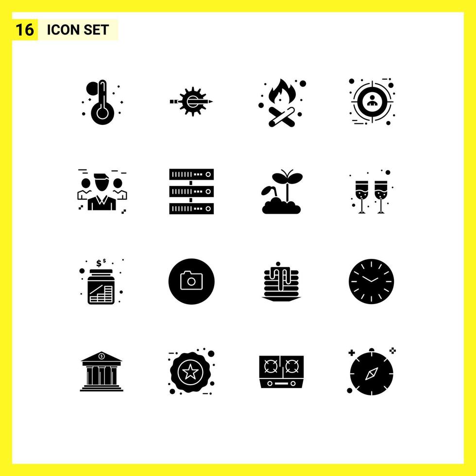 Pack of 16 Modern Solid Glyphs Signs and Symbols for Web Print Media such as friends user production target focus Editable Vector Design Elements