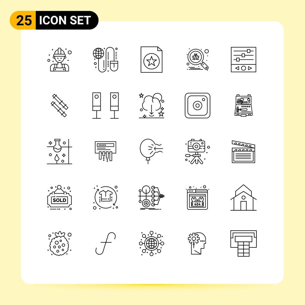 Modern Set of 25 Lines and symbols such as music levels secure worldwide search bug Editable Vector Design Elements