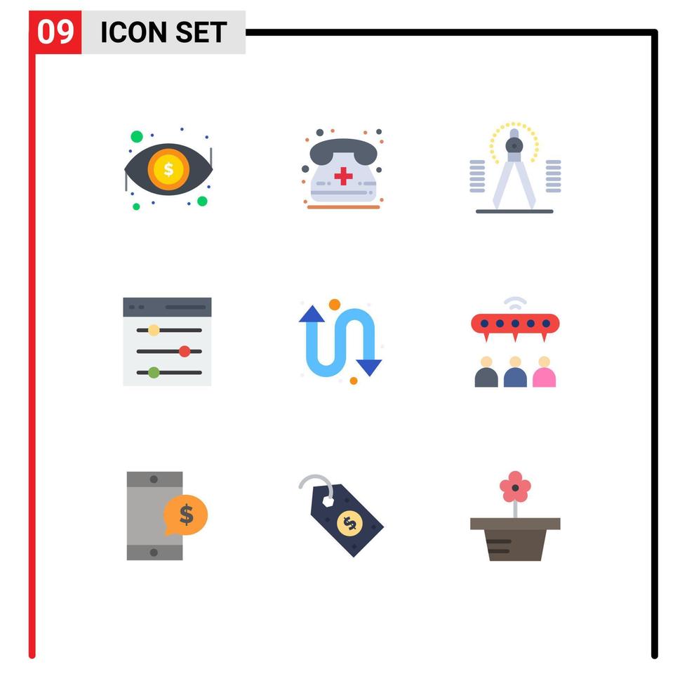 Set of 9 Vector Flat Colors on Grid for arrows settings compass interface draw Editable Vector Design Elements