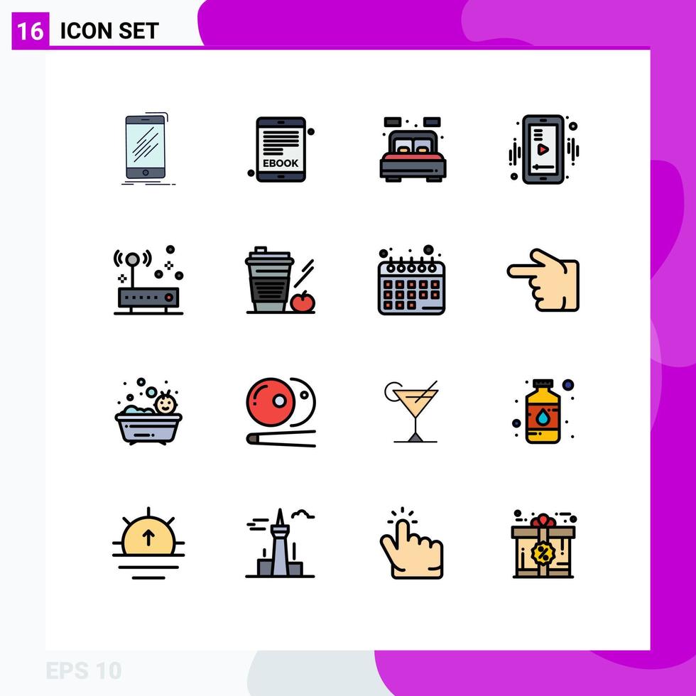 16 Thematic Vector Flat Color Filled Lines and Editable Symbols of hardware video home player media Editable Creative Vector Design Elements
