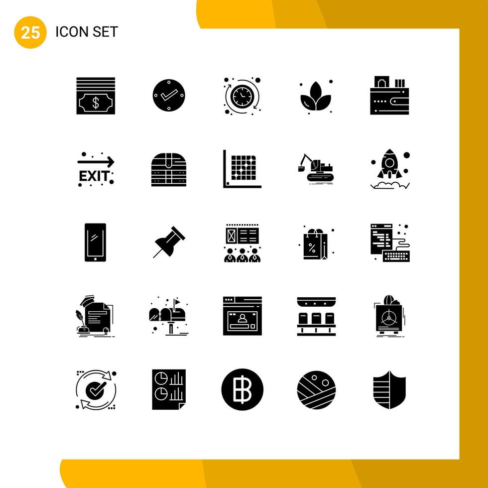 25 Universal Solid Glyph Signs Symbols of wallet cash clock card flower Editable Vector Design Elements