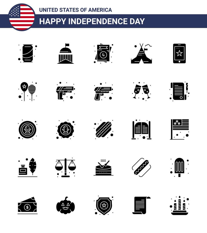 25 signos de glifo sólido de estados unidos símbolos de celebración del día de la independencia del campamento móvil carpa irlandesa boda elementos de diseño vectorial editables del día de estados unidos vector