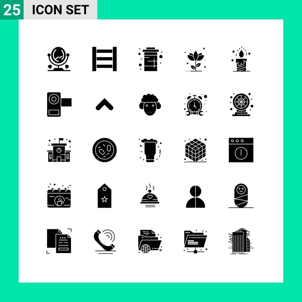 Pack of 25 Modern Solid Glyphs Signs and Symbols for Web Print Media such as love light water candle nature Editable Vector Design Elements