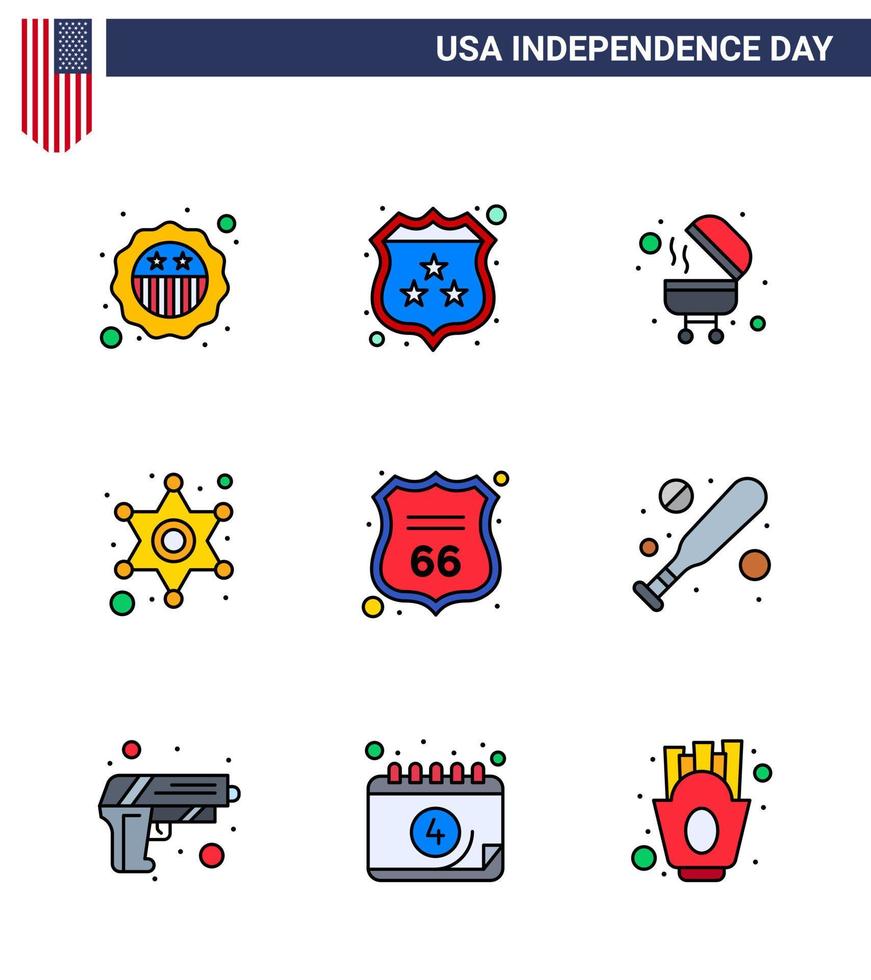 paquete de líneas planas llenas de 9 símbolos del día de la independencia de estados unidos de seguridad de letreros policía de barbacoa elementos de diseño vectorial editables del día de estados unidos vector