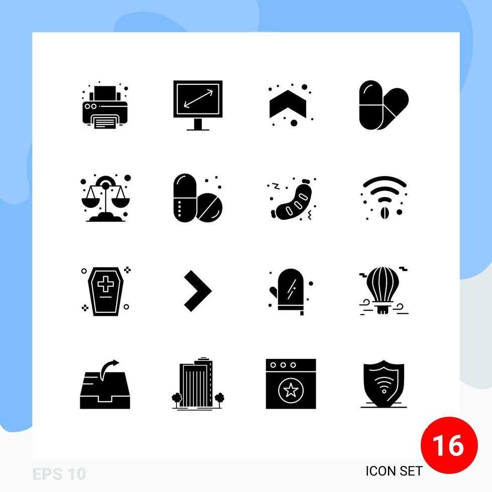 Group of 16 Modern Solid Glyphs Set for hospital science arrows libra table Editable Vector Design Elements