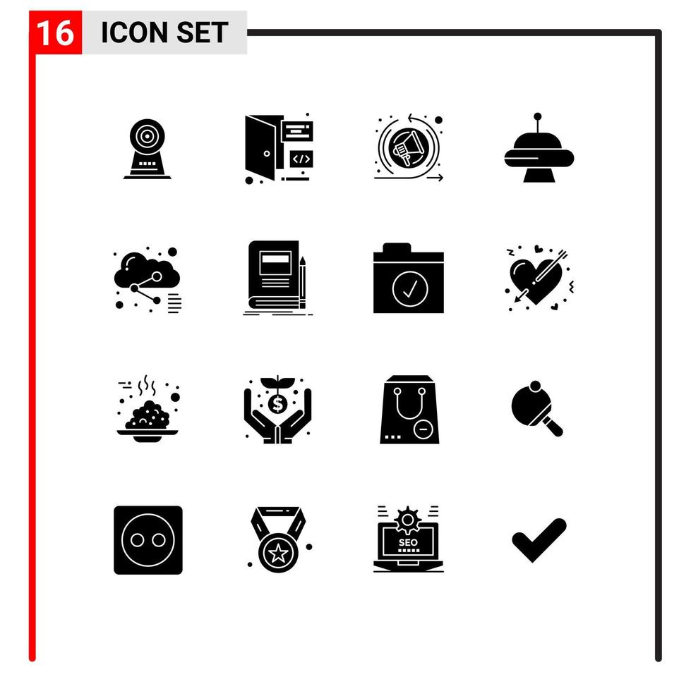 Mobile Interface Solid Glyph Set of 16 Pictograms of sharing file marketing cloud space Editable Vector Design Elements