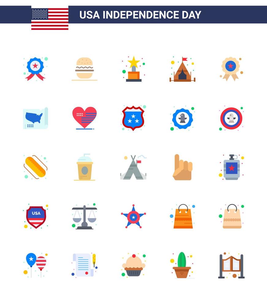 25 USA Flat Pack of Independence Day Signs and Symbols of medal independece achievement holiday camping Editable USA Day Vector Design Elements