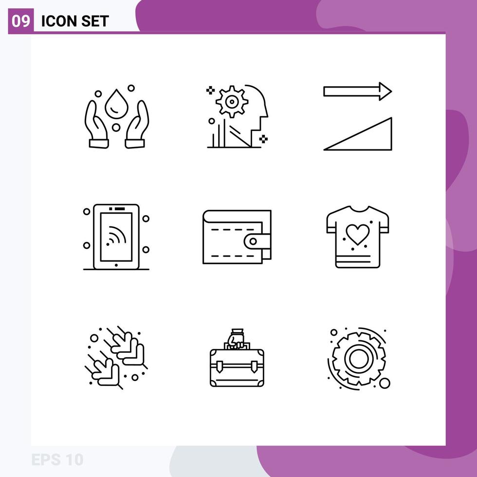 Set of 9 Commercial Outlines pack for wallet cash ascending wifi smartphone Editable Vector Design Elements