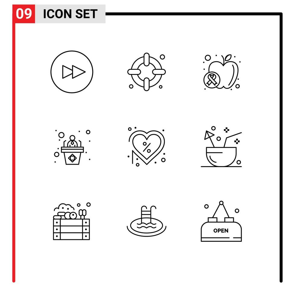 Universal Icon Symbols Group of 9 Modern Outlines of label discount wellness day presentation Editable Vector Design Elements