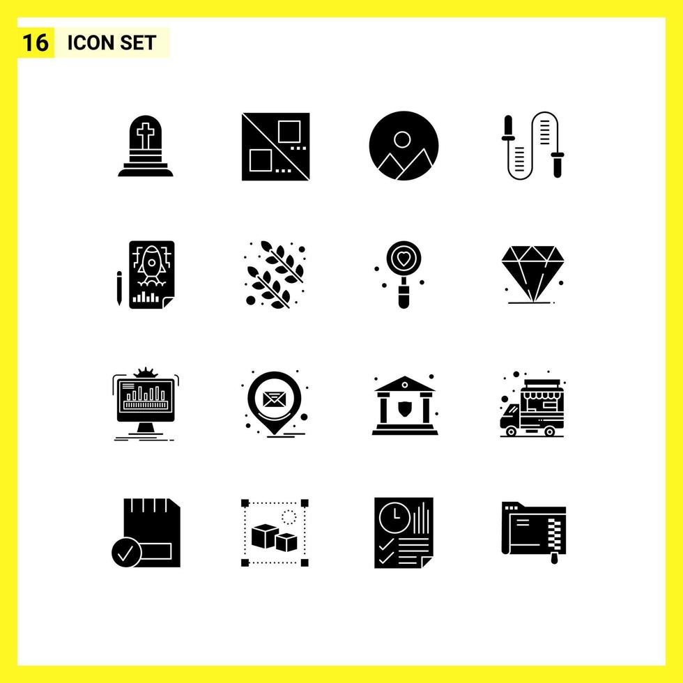 Group of 16 Modern Solid Glyphs Set for rocket page nature sport fitness Editable Vector Design Elements