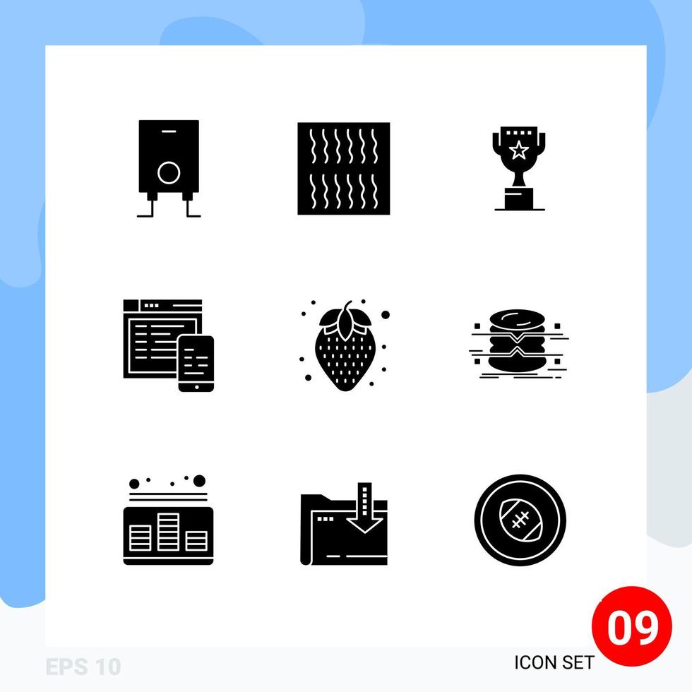 Mobile Interface Solid Glyph Set of 9 Pictograms of database healthy food position diet food website Editable Vector Design Elements