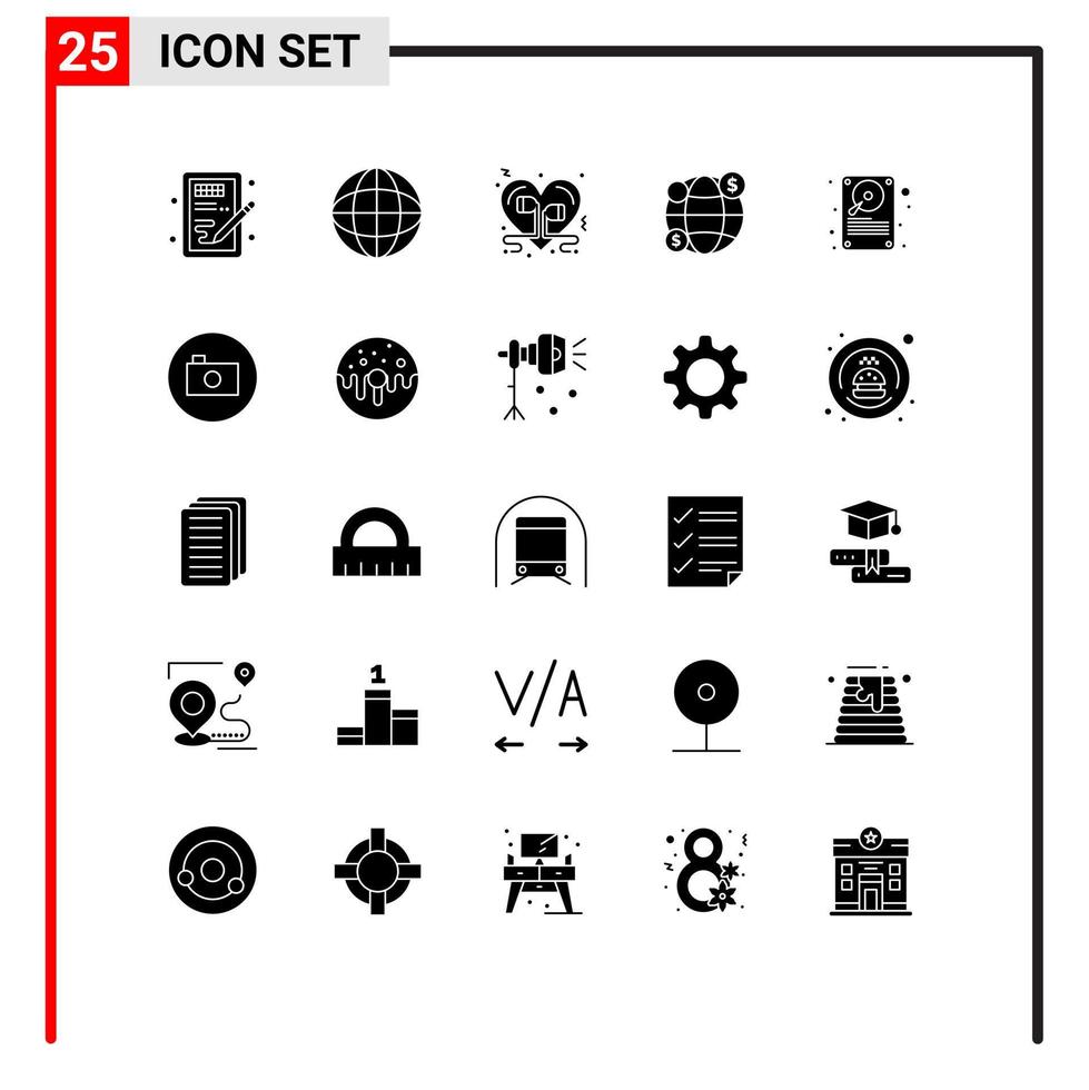 Pack of 25 Modern Solid Glyphs Signs and Symbols for Web Print Media such as hardware data heart money global Editable Vector Design Elements