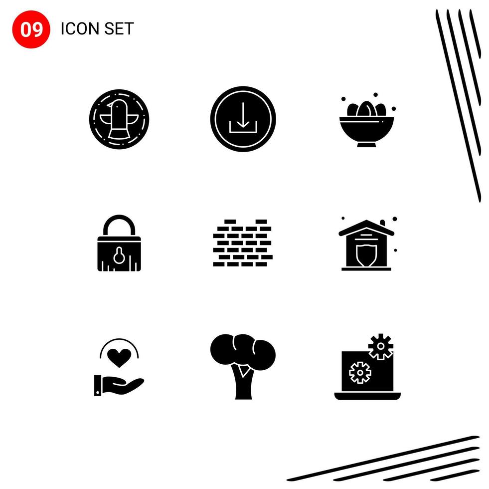 Pack of 9 creative Solid Glyphs of construction ecommerce bowl security nest Editable Vector Design Elements