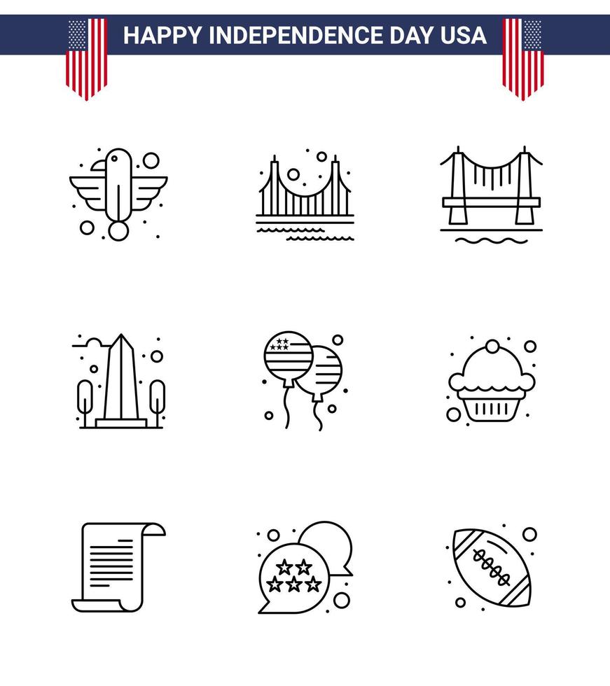 Stock Vector Icon Pack of American Day 9 Line Signs and Symbols for usa monument landmark landmark city Editable USA Day Vector Design Elements