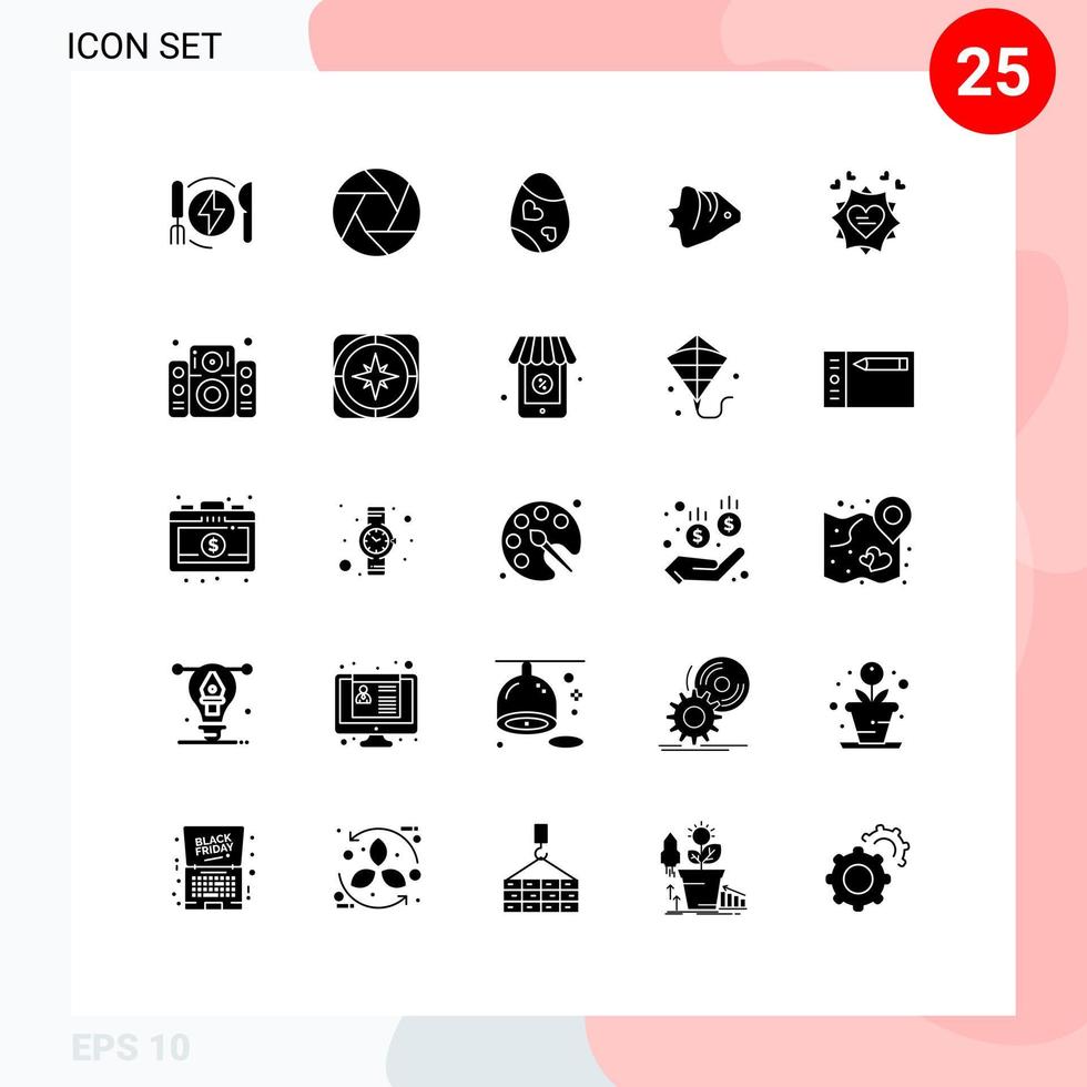 Pictogram Set of 25 Simple Solid Glyphs of banner ocean bird coral heart Editable Vector Design Elements