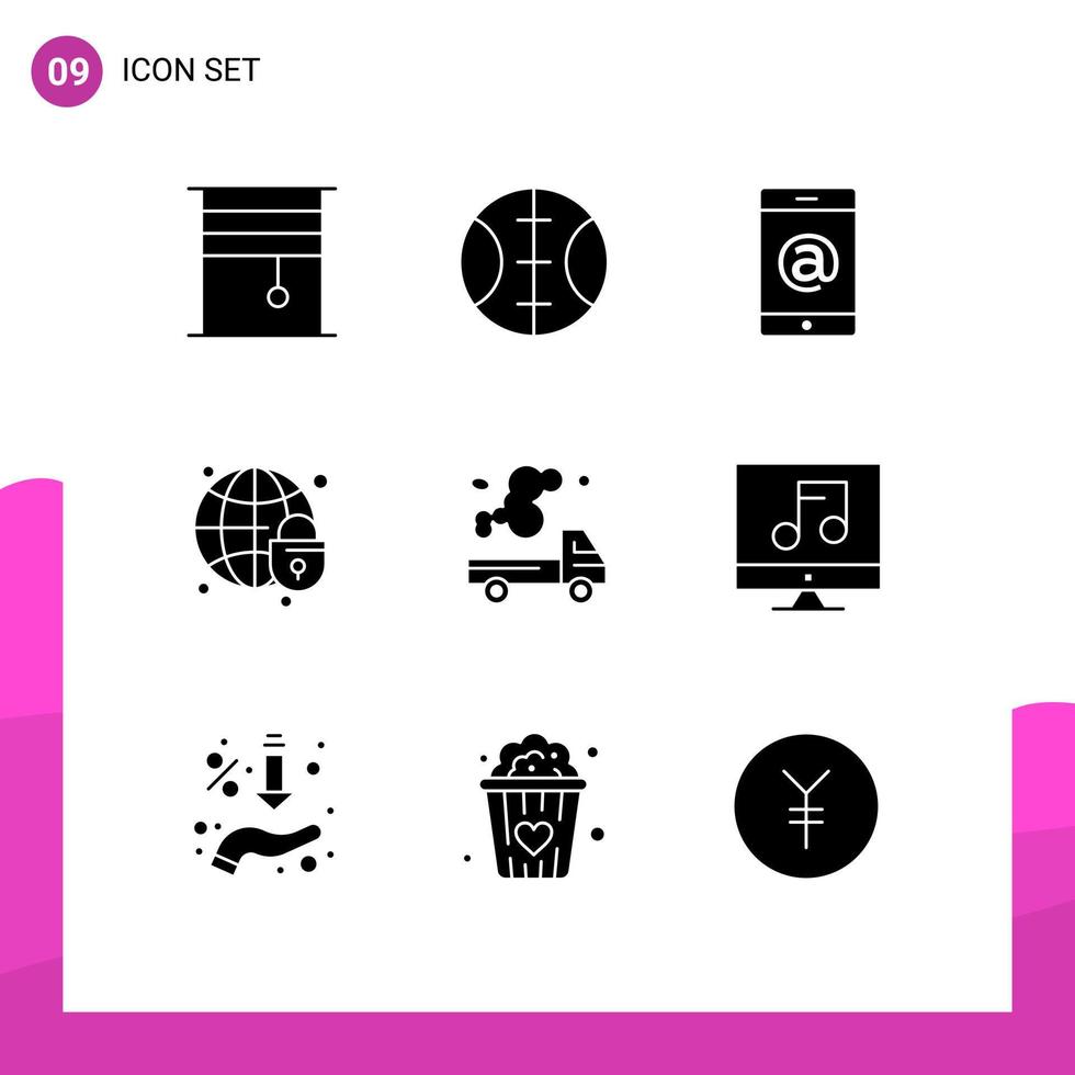 9 Solid Glyph concept for Websites Mobile and Apps gas truck multimedia automobile globe lock Editable Vector Design Elements