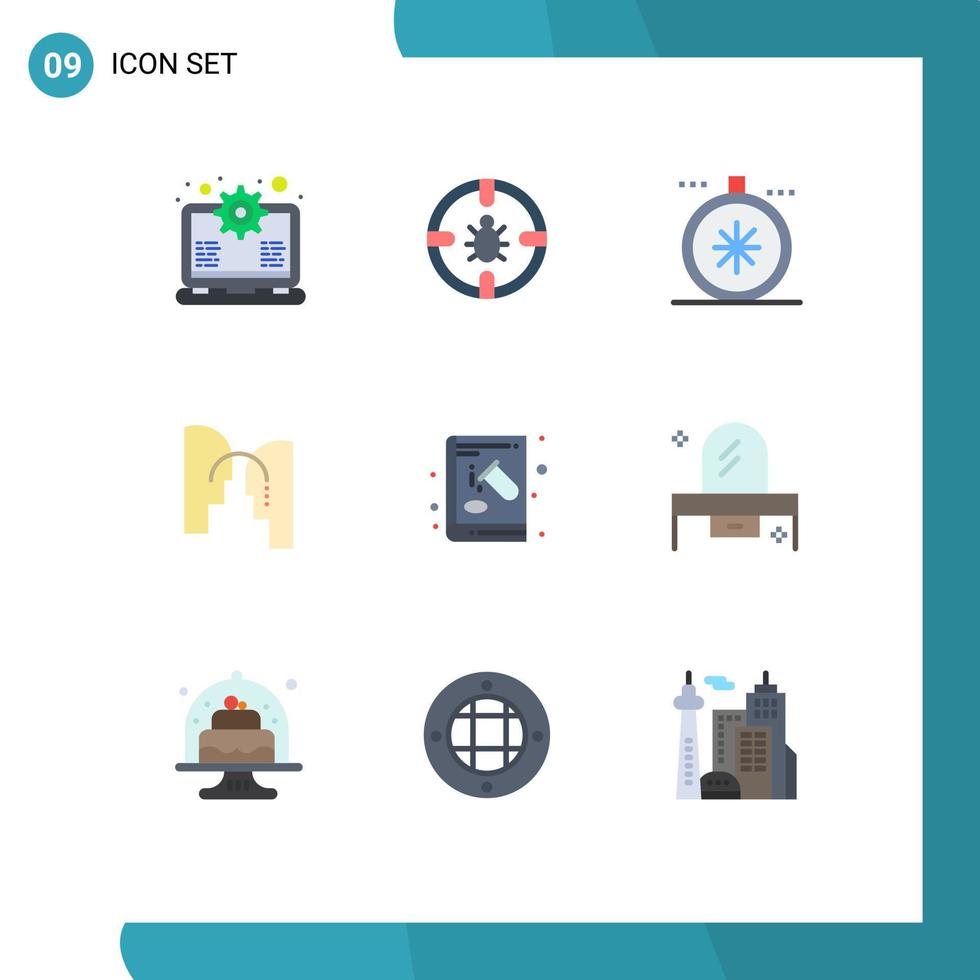 Modern Set of 9 Flat Colors Pictograph of book mind security head open Editable Vector Design Elements