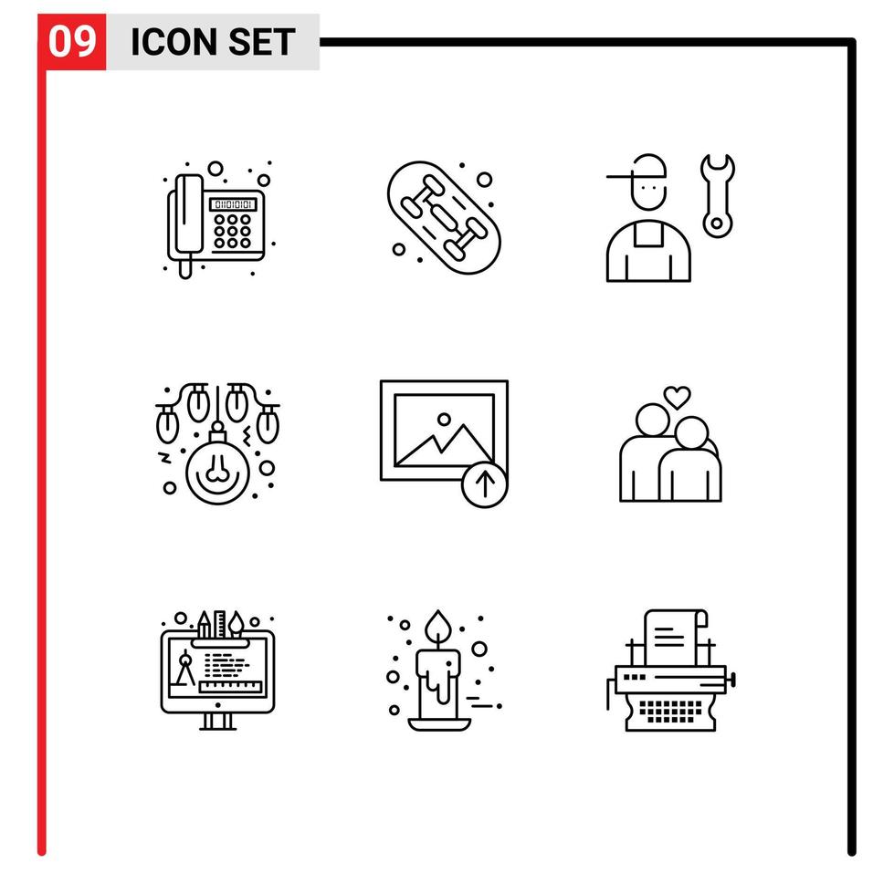 Mobile Interface Outline Set of 9 Pictograms of photo lights man decoration bulb Editable Vector Design Elements
