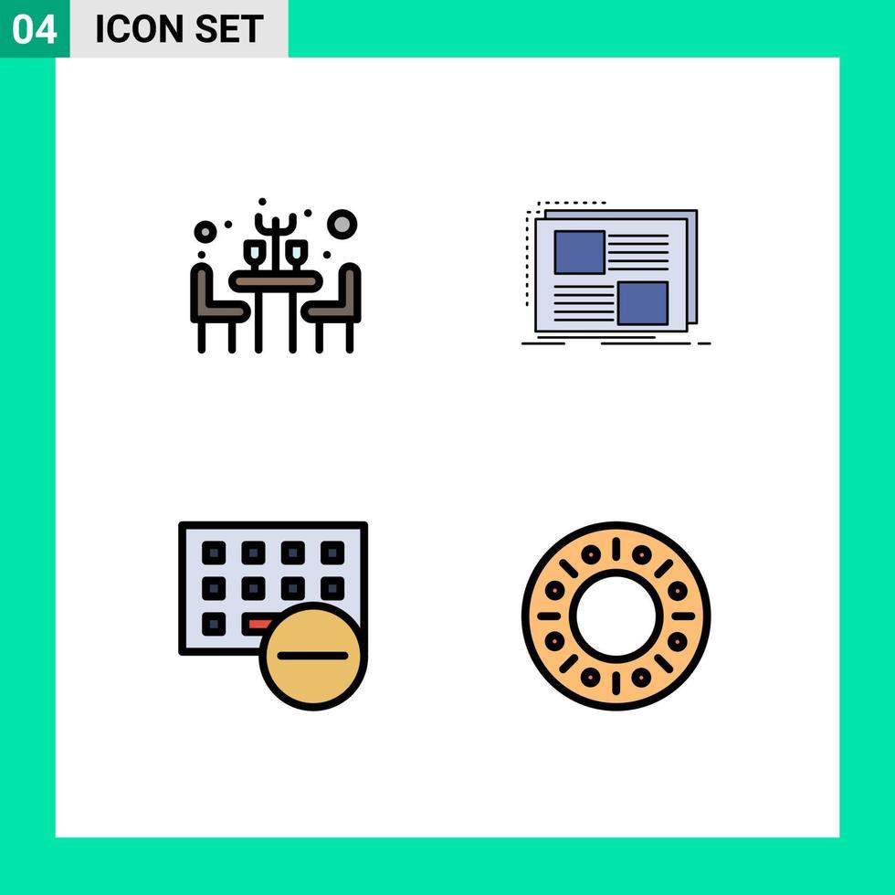 Pack of 4 Modern Filledline Flat Colors Signs and Symbols for Web Print Media such as dinner devices content page hardware Editable Vector Design Elements