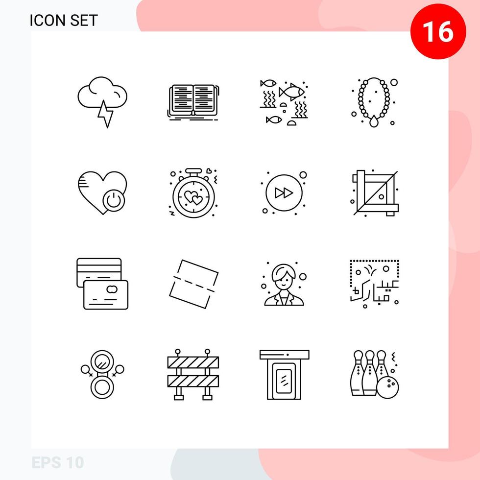 16 User Interface Outline Pack of modern Signs and Symbols of shutdown ornament fishing necklace jewelry Editable Vector Design Elements