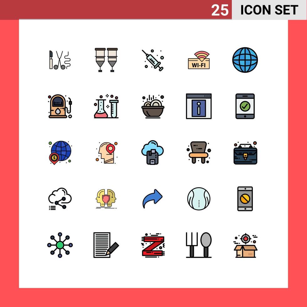 Pack of 25 Modern Filled line Flat Colors Signs and Symbols for Web Print Media such as internet device transfusion service hotel Editable Vector Design Elements