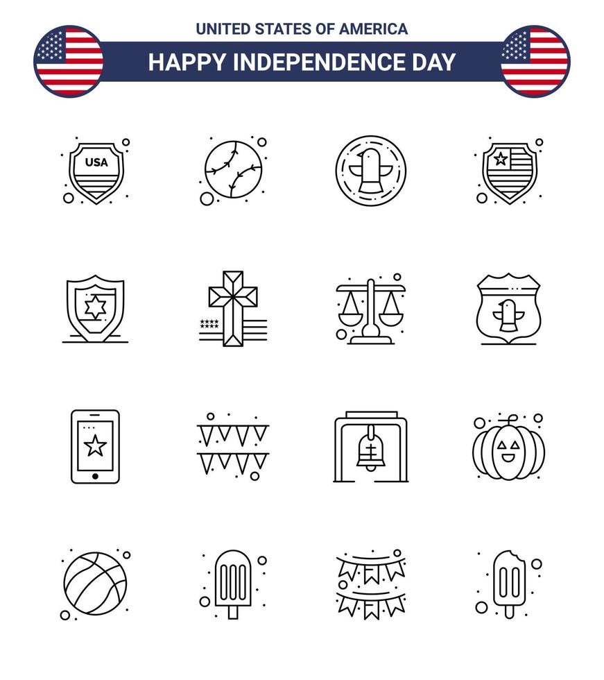 Pack of 16 creative USA Independence Day related Lines of church american american shield american Editable USA Day Vector Design Elements