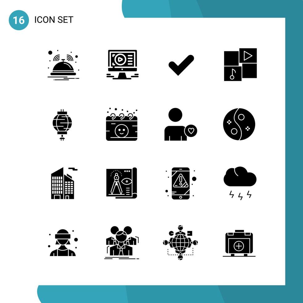 Vector Pack of 16 Glyph Symbols Solid Style Icon Set on White Background for Web and Mobile