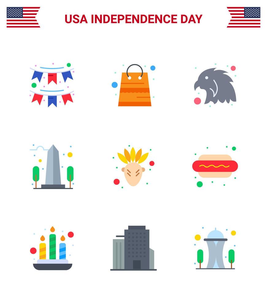 Happy Independence Day Pack of 9 Flats Signs and Symbols for american usa shop sight landmark Editable USA Day Vector Design Elements