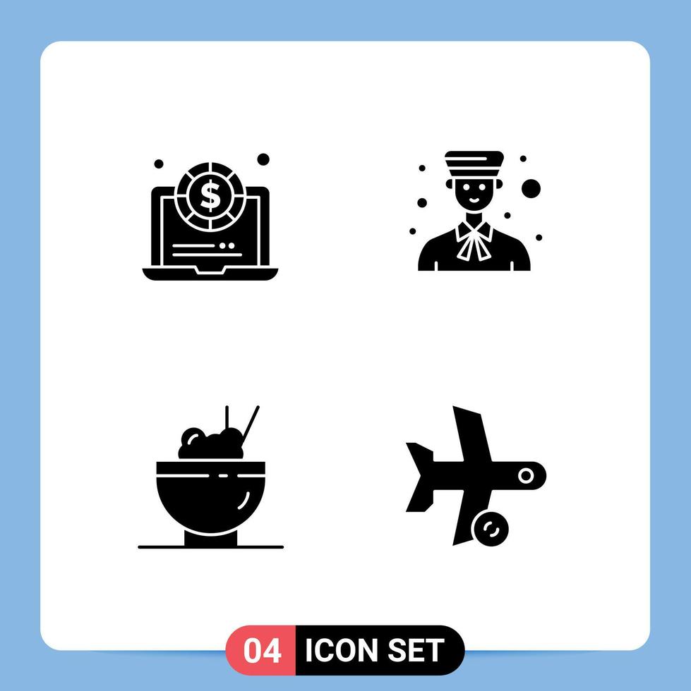 Modern Set of 4 Solid Glyphs Pictograph of dollar food avatar people flight Editable Vector Design Elements