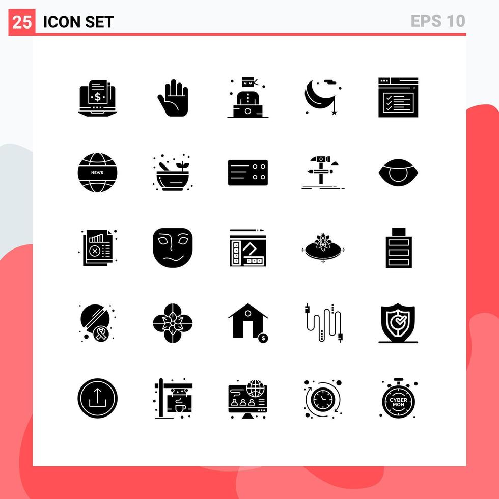 User Interface Pack of 25 Basic Solid Glyphs of web internet professions ramadan lunar Editable Vector Design Elements