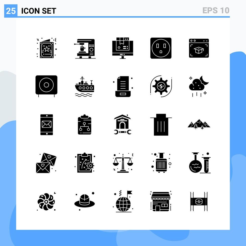 moderno 25 iconos de estilo sólido símbolos de glifo para uso general signo de icono sólido creativo aislado sobre fondo blanco paquete de 25 iconos vector