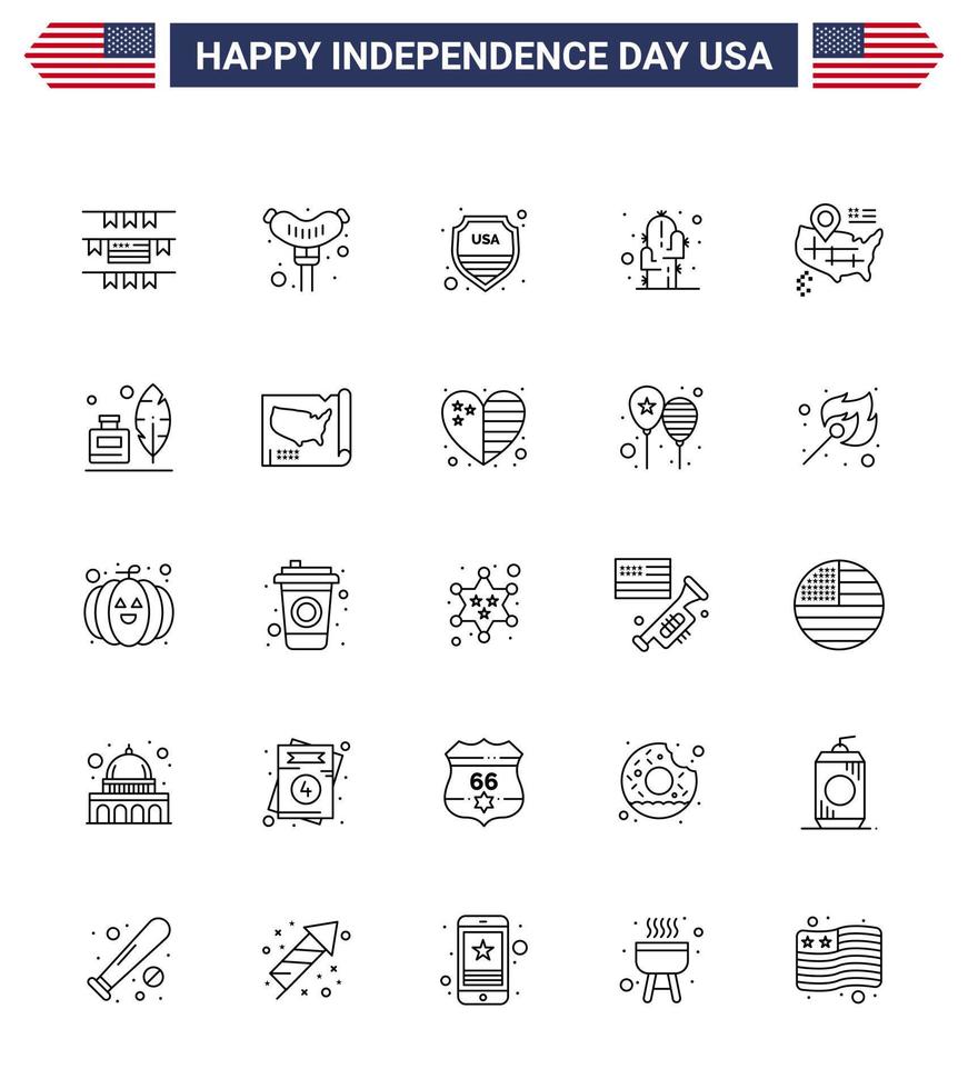 Modern Set of 25 Lines and symbols on USA Independence Day such as adobe map sign location plant Editable USA Day Vector Design Elements
